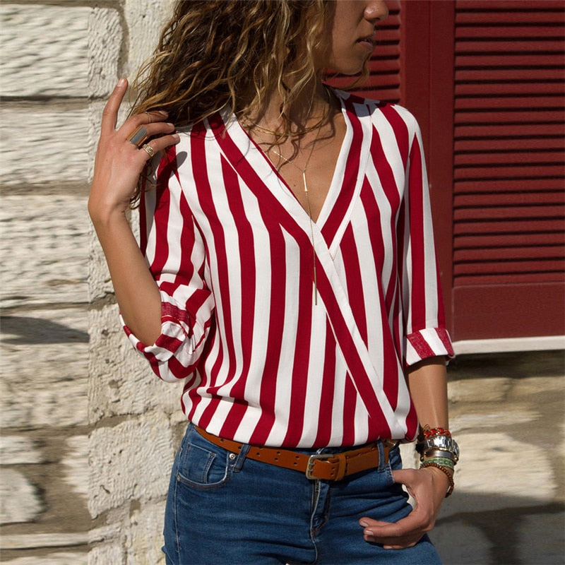 Women Striped Blouse Shirt Long Sleeve - SunLify