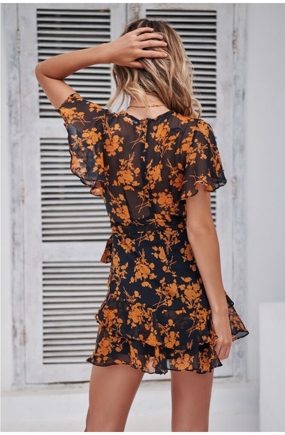 Lossky Women Summer Dress Floral Printed V-neck Short-sleeved Lace-up Short Dresses Mini Butterfly Sleeve Sundress Elegant - SunLify