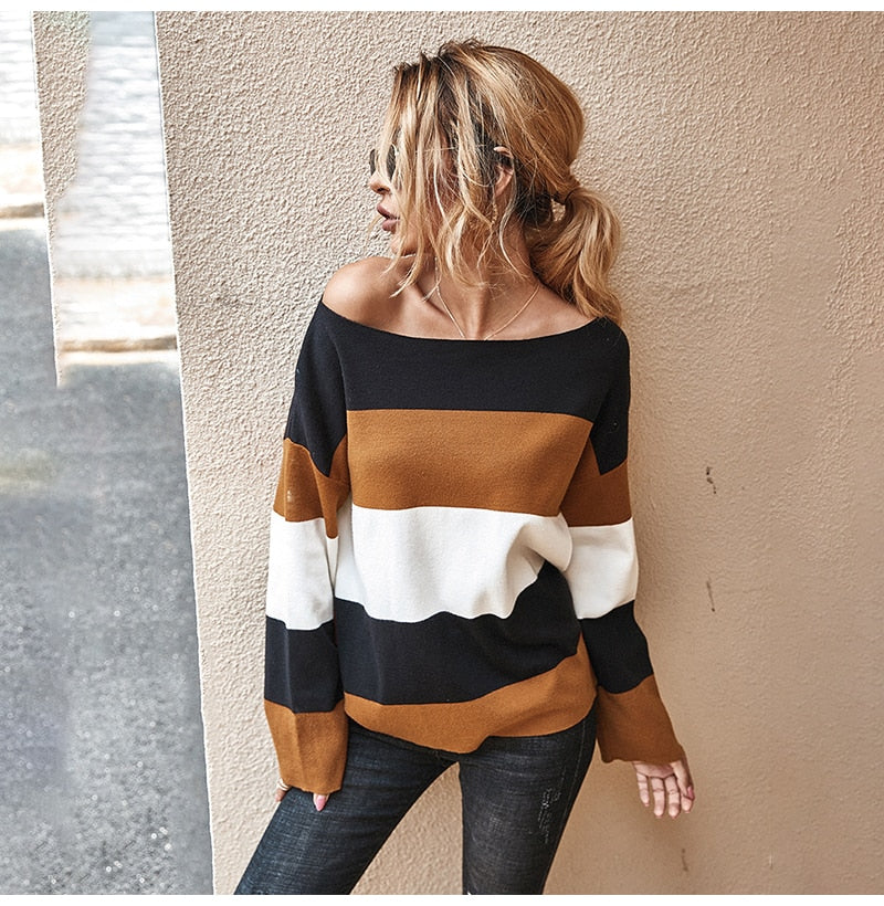 Knitted Sweater Ladies Striped Stitching Long Sleeve Pullover Sweaters Tops Fashion Autumn Winter Clothes Jumper Knitwear Women - SunLify