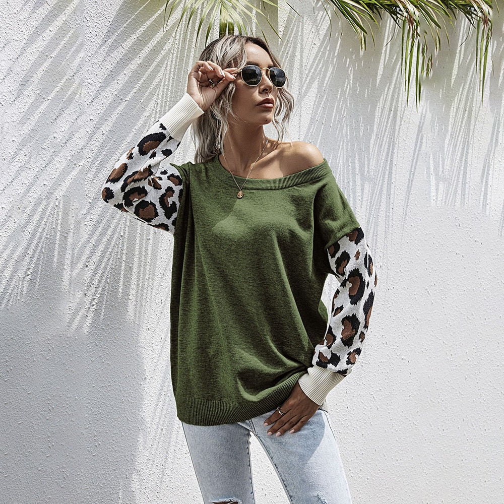 Sweater Autumn Winter Patchwork Leopard Long Sleeve Knit Womans Clothes Loose Pullover Sweaters For Women  Fall Fashion Tops - SunLify