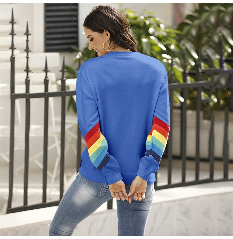 Sweater Women Autumn Winter Long Sleeve Rainbow Striped Top White Knitted Pullover Sweaters  Fashion Womans Clothes Knitwear - SunLify