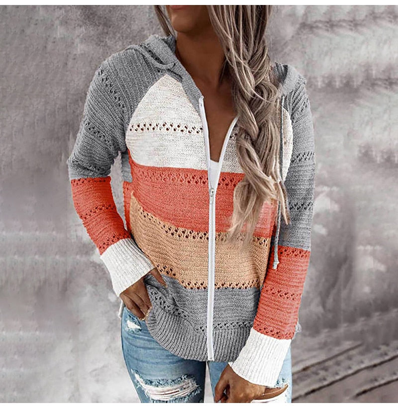 Knit Cardigan Sweater Women Autumn Winter Casual Striped Patchwork Long Sleeve Tops Zip Up Hooded Cardigans Womens Clothes - SunLify