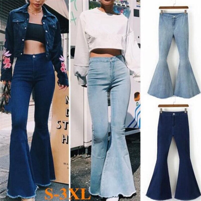 Ladies Denim High Waist Flare Jeans Boyfriend Jeans Women vintage Sexy Skinny bell bottom jeans Pants Wide Leg Mom Jeans push up - SunLify