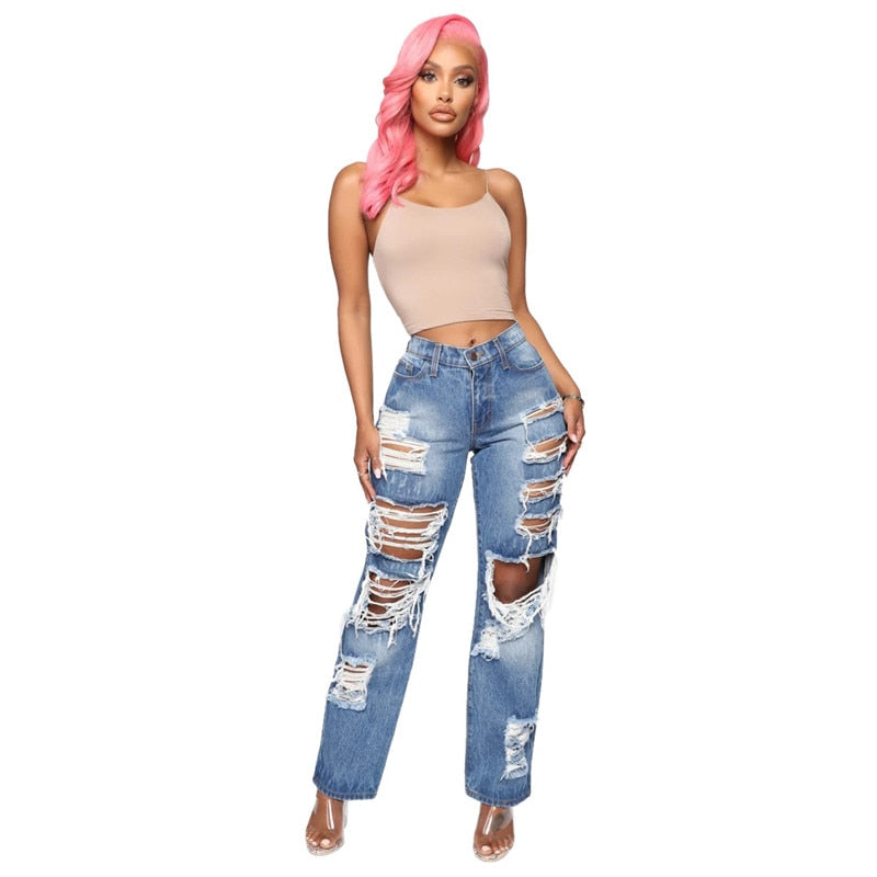 Fashion Personality Women Jeans Denim Hole Female High Waist Stretch Slim Sexy Ripped Trousers Women Streetwear Straight Jean - SunLify