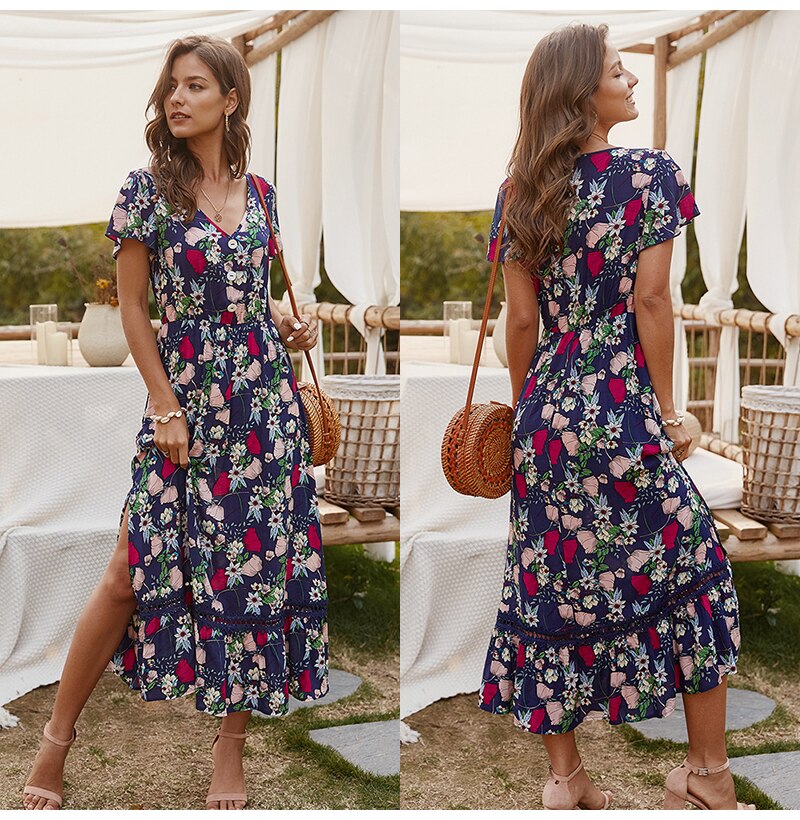 Women Midi Dress Summer Casual Flower Print Side Slit Red Long Sundresses Ladies Yellow Fitted Clothing Everyday  Fashion - SunLify