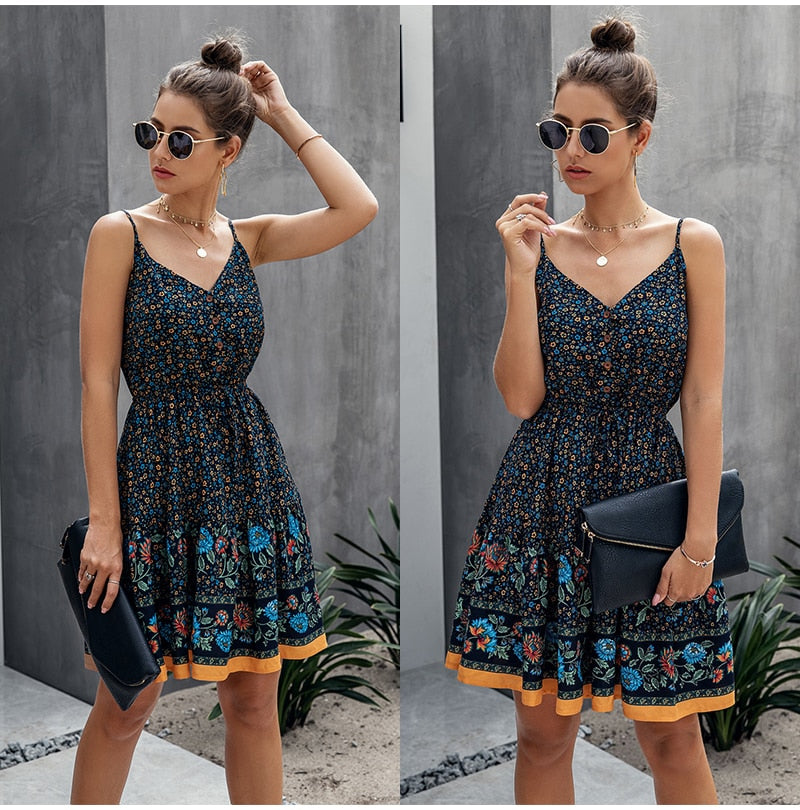 Lossky Summer Women Dress Buttons Cotton Mini Sundress Fashion Sexy Short Backless Slip Elastic Waist  Sleeveless Dresses - SunLify