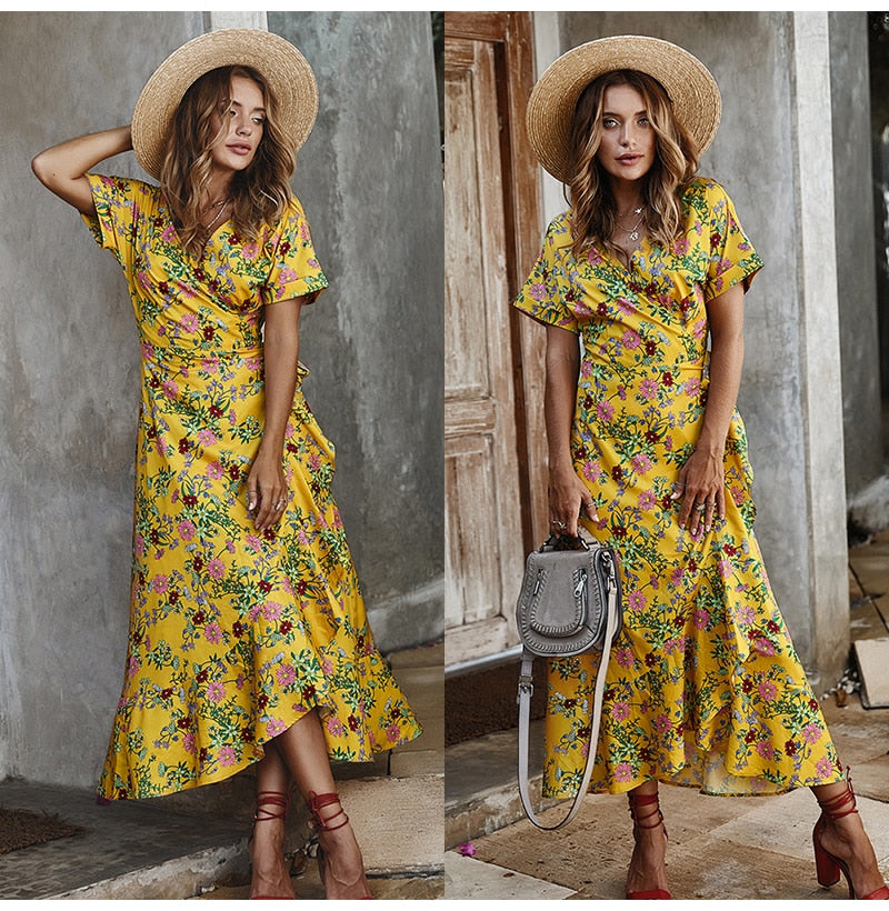 Long Dress Summer Women Casual Floral Ruffle Dresses Lace-Up Cardigan New Arrival  Flower Fitted Midi Clothes Red For Women - SunLify