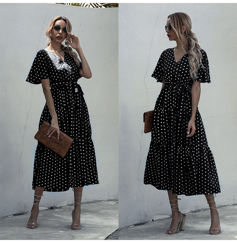 Long Dress Women Summer Casual Polka-dot Floral Print Midi Sundresses Black Elegant Fitted Clothing  Red Dresses For Women - SunLify