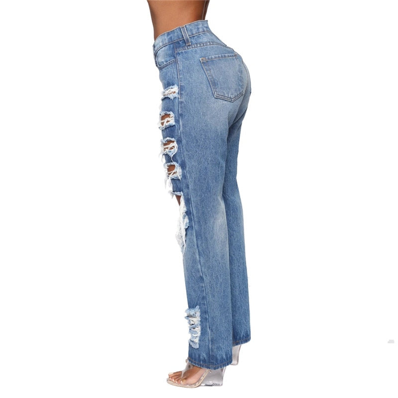 Fashion Personality Women Jeans Denim Hole Female High Waist Stretch Slim Sexy Ripped Trousers Women Streetwear Straight Jean - SunLify