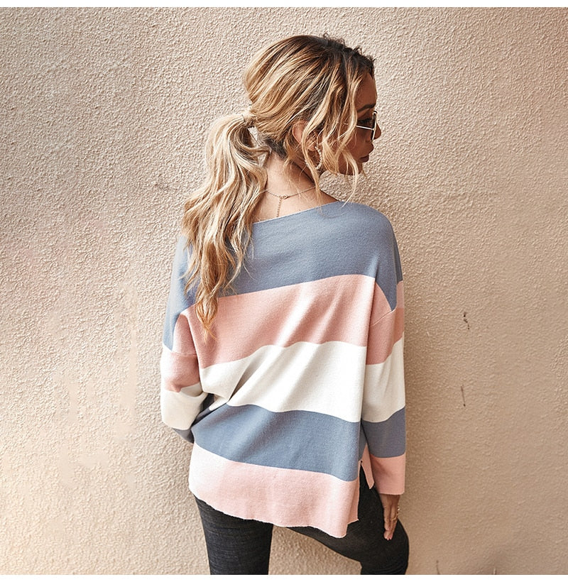 Knitted Sweater Ladies Striped Stitching Long Sleeve Pullover Sweaters Tops Fashion Autumn Winter Clothes Jumper Knitwear Women - SunLify