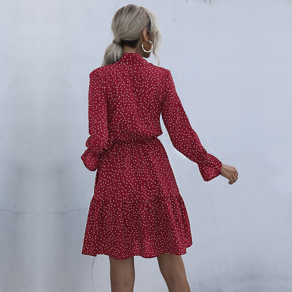 Chiffon Dresses Woman Autumn Spring Dot Print Ruched Slim A Line Womens Clothes Casual Long Sleeve Bow Dress Fall  Fashion - SunLify