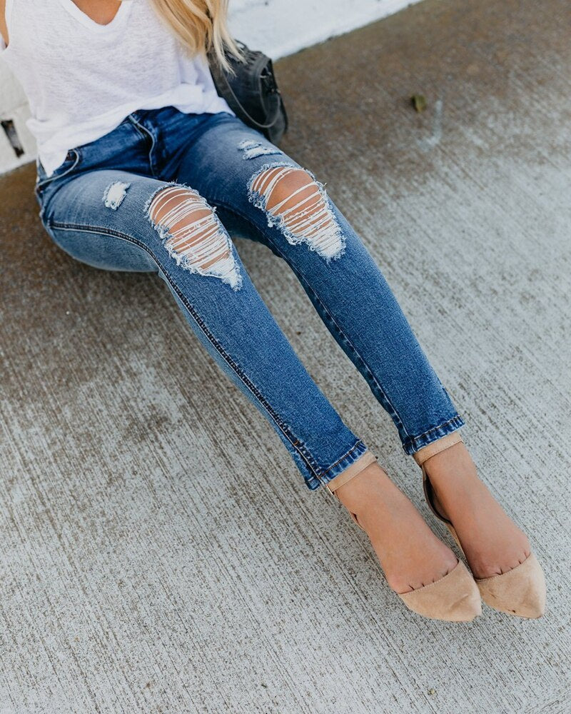 Autumn push up denim jeans Women Fashion Hole Hollow Out Blue Ripped skinny calca jeans Streetwear ladies Vintage Denim Pants - SunLify