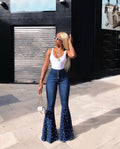 Women high waist beading flare jeans Vintage wide leg Jeans Spring Autumn Button Long denim calca jeans Ladies bell bottom jeans - SunLify