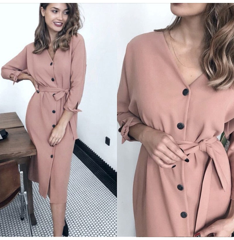 Long Dress Autumn Spring Elegant Office Ladies Long Sleeve Clothes Casual Pure Black Sashes Button Up Woman Dresses  Fashion - SunLify