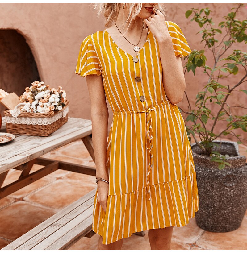 Dress Women Summer Striped Ruffle Mini Dresses Button Casual Fitted Womens Clothing Pink Soft Girl  Trendy Yellow Clothes - SunLify