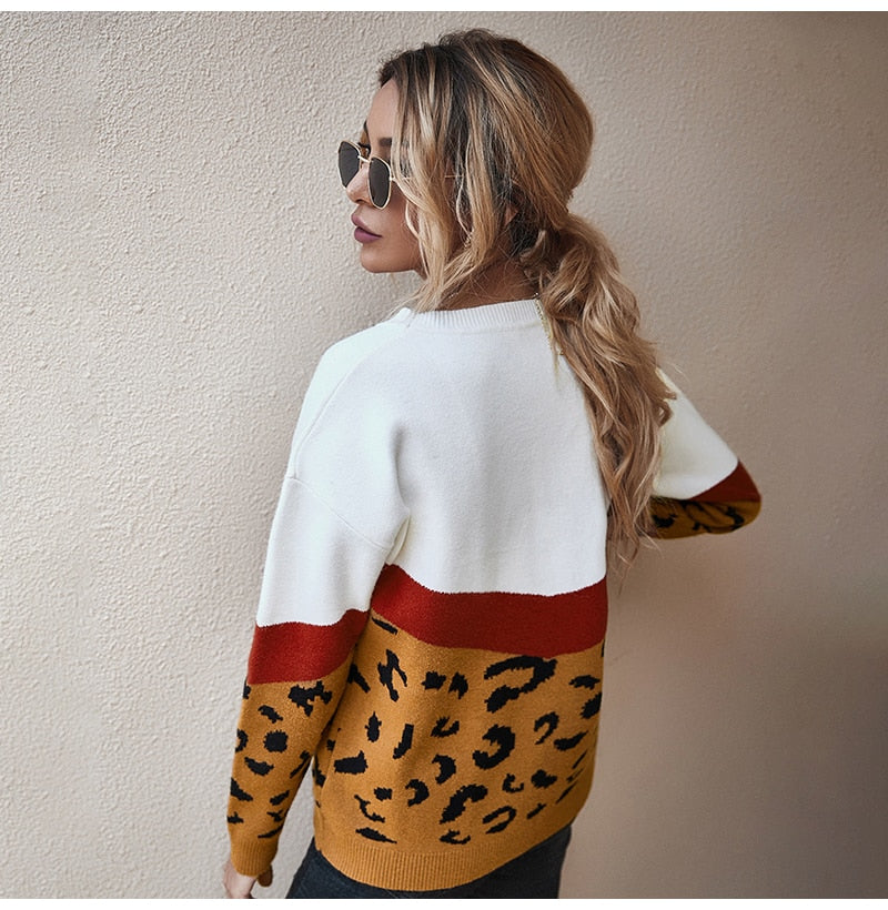 Sweater Women Leopard Patchwork Autumn Winter Ladies Long Sleeve Jumper Pullover Sweaters Top Brown Fashion Womens Clothing - SunLify