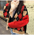 Cardigan Tops Women Autumn Winter Knitted Long Sleeve Clothes Button Up Plaid Argyle Sweater  Korean Fashion Preppy Style - SunLify