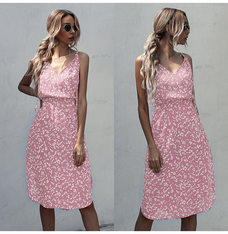 Dress Women Summer Leopard Floral Slip Sundresses Casual Fitted Slit Clothing Pink  Red Spaghetti Strap Dresses For Women - SunLify