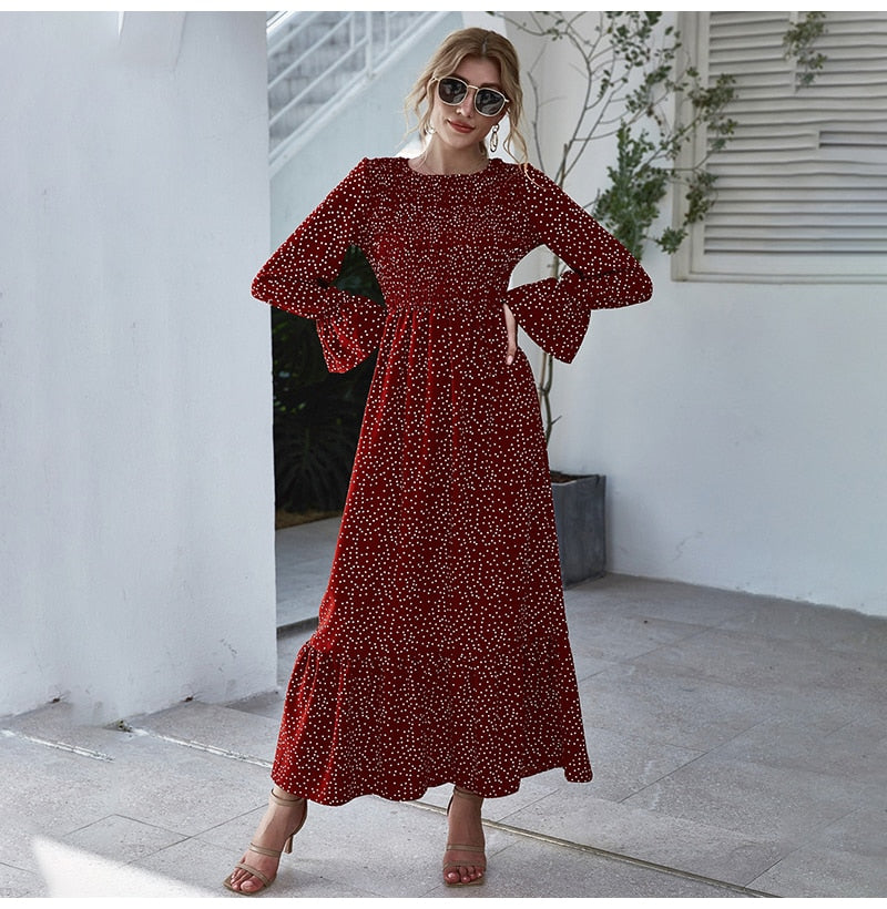 Long Dress Autumn Winter Dots Flroal Print Ruffle Black Clothes Elegant Ladies Flower Long Sleeve Maxi Dresses For Women - SunLify