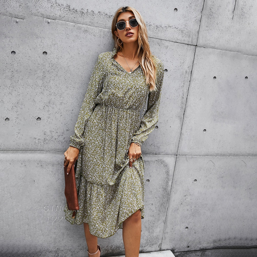 Long Dress Autumn Spring Casual Green Long Sleeve Floral Print Ruched Dresses New Arrival Fall Clothes For Women  Fashion - SunLify