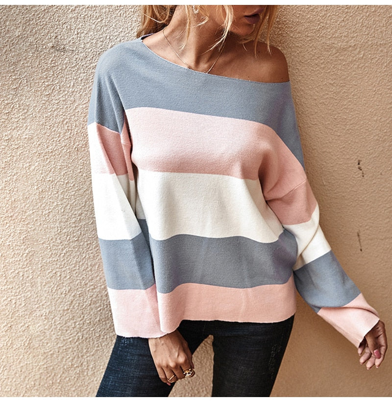 Knitted Sweater Ladies Striped Stitching Long Sleeve Pullover Sweaters Tops Fashion Autumn Winter Clothes Jumper Knitwear Women - SunLify