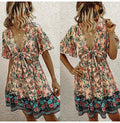 Summer Dress Pink Women Casual Flower Print A-line Mini Sundresses Ladies Fitted Bow-Knot Floral Beach Wear  Womens Clothing - SunLify