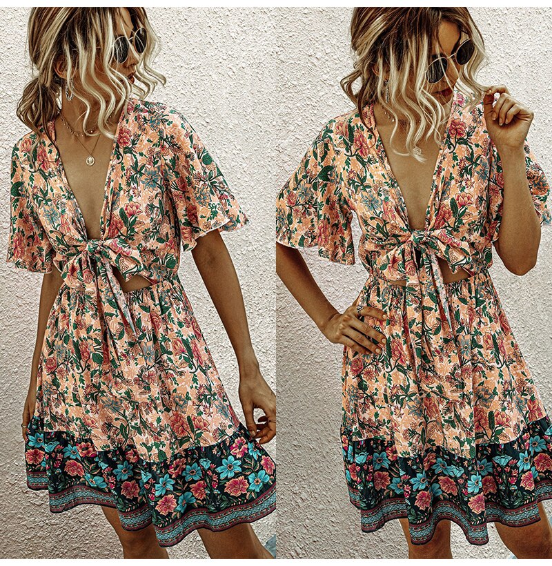 Summer Dress Pink Women Casual Flower Print A-line Mini Sundresses Ladies Fitted Bow-Knot Floral Beach Wear  Womens Clothing - SunLify