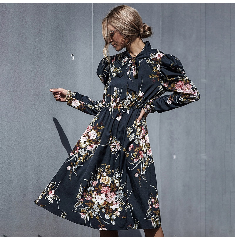 Woman Long Dress Vintage Floral Flower Long Sleeve Autumn Clothes Elegant Ladies Black Puff Sleeve Bow Dresses New Arrival - SunLify