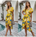 Pink Midi Dress Women Summer Casual Print Ruffle Holiday Long Sundress Ladies Yellow Fitted Clothes Lacing-up  Women Outfits - SunLify