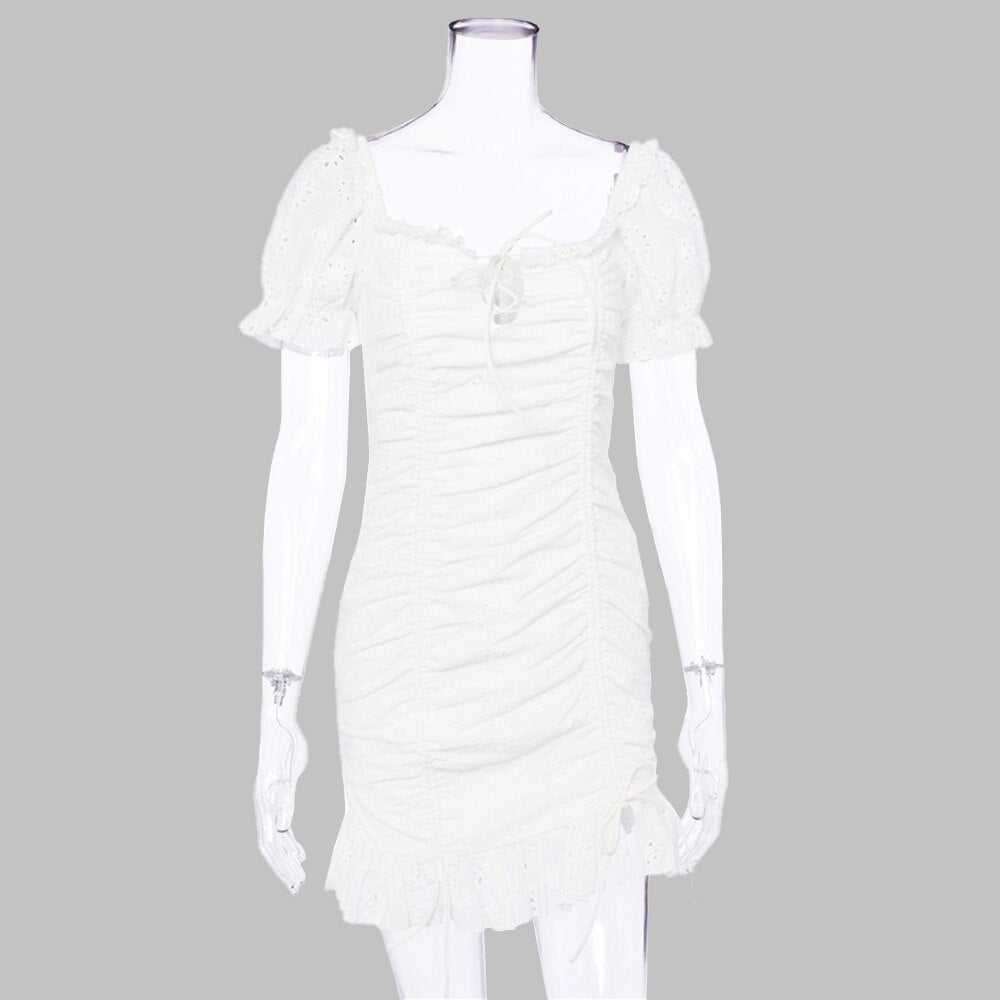 Women Dress Sexy Summer White Short Sleeve Drawstring Ruched Ruffle Slim Dresses Backless Puff Sleeve Mini Short Clothes - SunLify