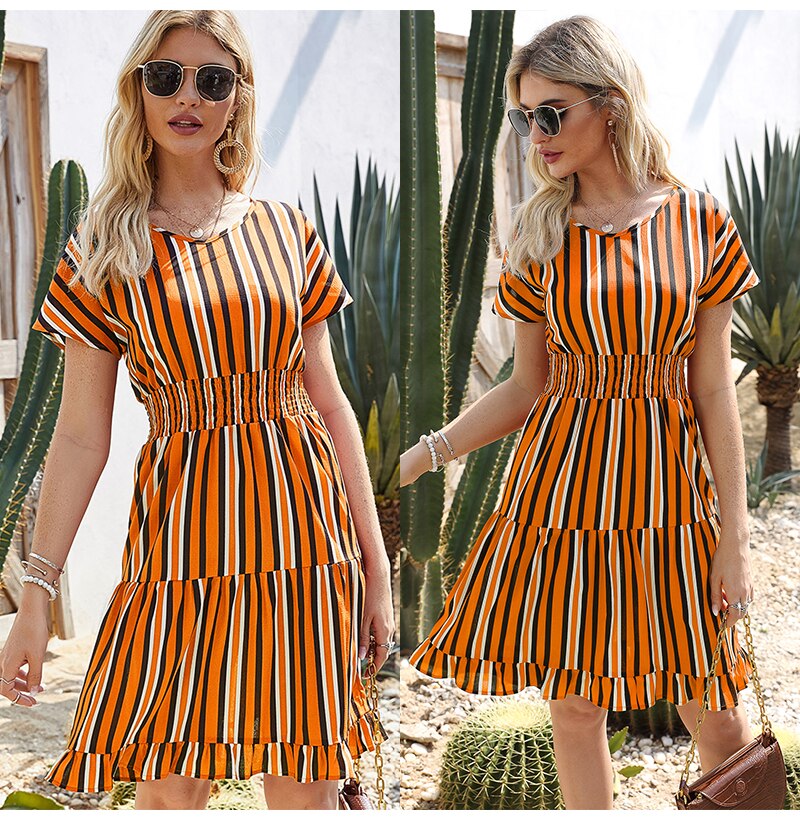 Womens Dresses Summer Casual Stitching Striped Ruffle Sundress Ladies Waisted Fitted Clothing  Trendy Red Dresses For Women - SunLify