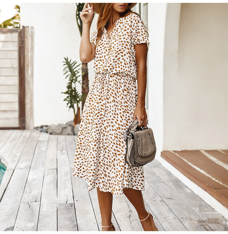 Leopard Print Dress Women Summer Casual Short-sleeved White Dresses Buttons Long Elegant  Fashion Clothes For Women Everyday - SunLify
