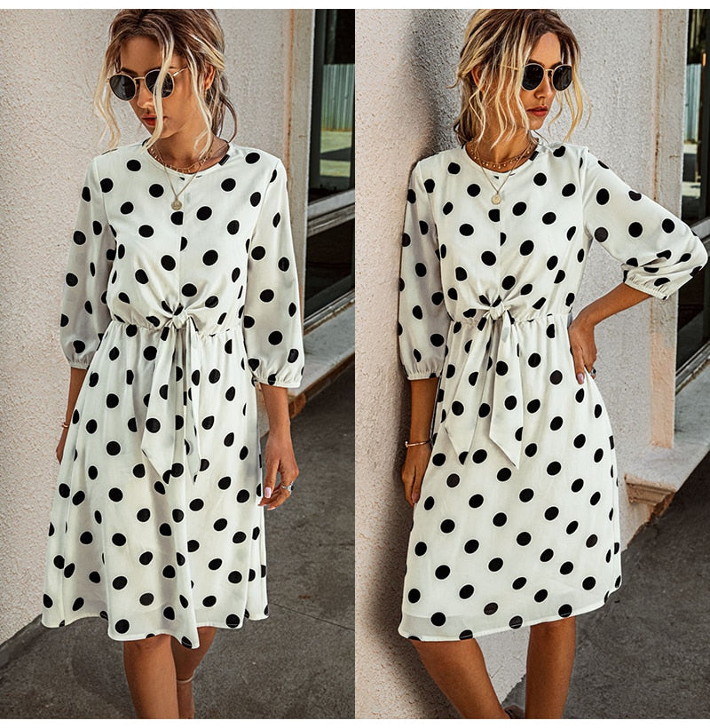 Black Dress Elegant Women Polka-dot A-line Bow Dresses Casual Ladies White Fitted Clothing  Summer Spring Outfits For Women - SunLify