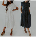 Long Dress Summer Vintage Dots Print Buttons Shirt Dresses White Casual Plus Size Women 4xl Loose Midi Clothes Black  Retro - SunLify