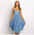 Long Dress Women Floral Flower Print Ruched Backless Sleeveless Slip Dresses Summer Casual Midi Blue Womens Clothes  Fashion - SunLify