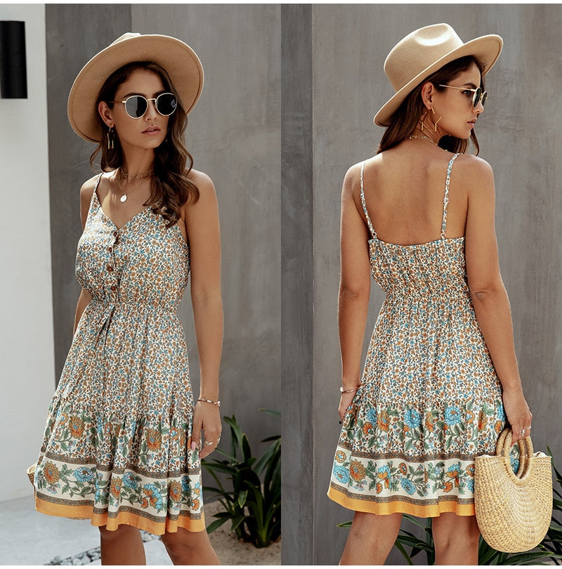 Lossky Summer Women Dress Buttons Cotton Mini Sundress Fashion Sexy Short Backless Slip Elastic Waist  Sleeveless Dresses - SunLify