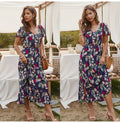 Women Midi Dress Summer Casual Flower Print Side Slit Red Long Sundresses Ladies Yellow Fitted Clothing Everyday  Fashion - SunLify