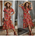 Long Dress Summer Women Casual Floral Ruffle Dresses Lace-Up Cardigan New Arrival  Flower Fitted Midi Clothes Red For Women - SunLify