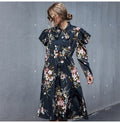 Woman Long Dress Vintage Floral Flower Long Sleeve Autumn Clothes Elegant Ladies Black Puff Sleeve Bow Dresses New Arrival - SunLify