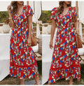 Women Midi Dress Summer Casual Flower Print Side Slit Red Long Sundresses Ladies Yellow Fitted Clothing Everyday  Fashion - SunLify