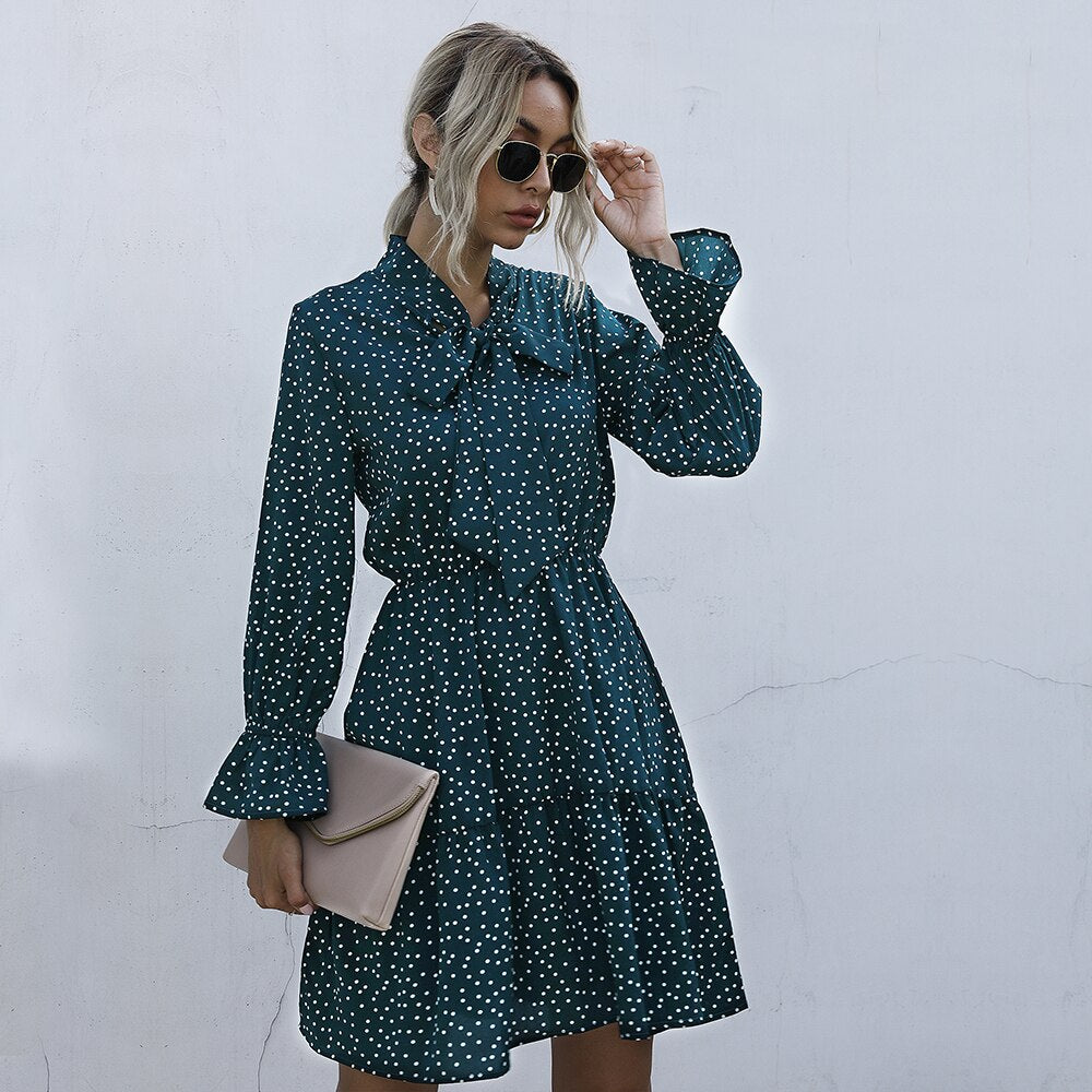 Chiffon Dresses Woman Autumn Spring Dot Print Ruched Slim A Line Womens Clothes Casual Long Sleeve Bow Dress Fall  Fashion - SunLify