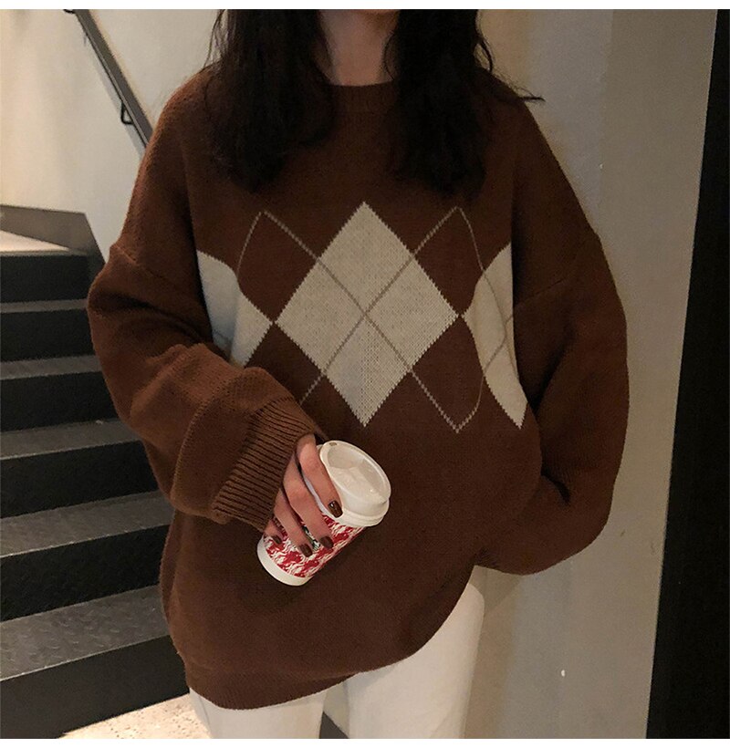 Women Sweater Autumn Winter Long Sleeve Top Korean Fashion Preppy Style Black Knitted Argyle Pullover Sweaters  Fall Clothes - SunLify