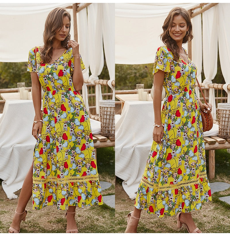 Women Midi Dress Summer Casual Flower Print Side Slit Red Long Sundresses Ladies Yellow Fitted Clothing Everyday  Fashion - SunLify