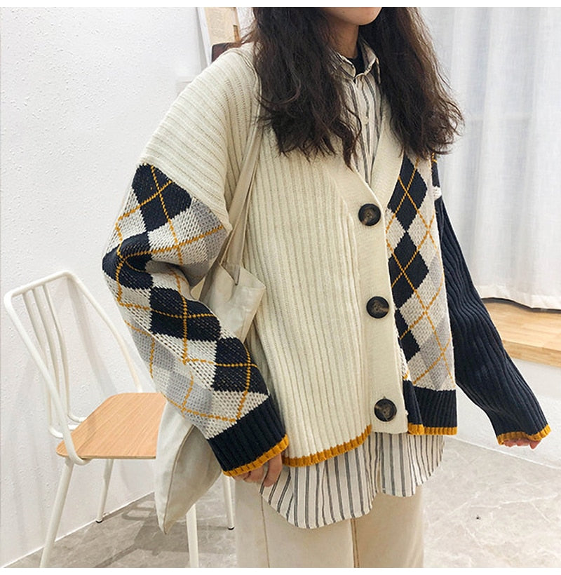 Cardigan Tops Women Autumn Winter Knitted Long Sleeve Clothes Button Up Plaid Argyle Sweater  Korean Fashion Preppy Style - SunLify