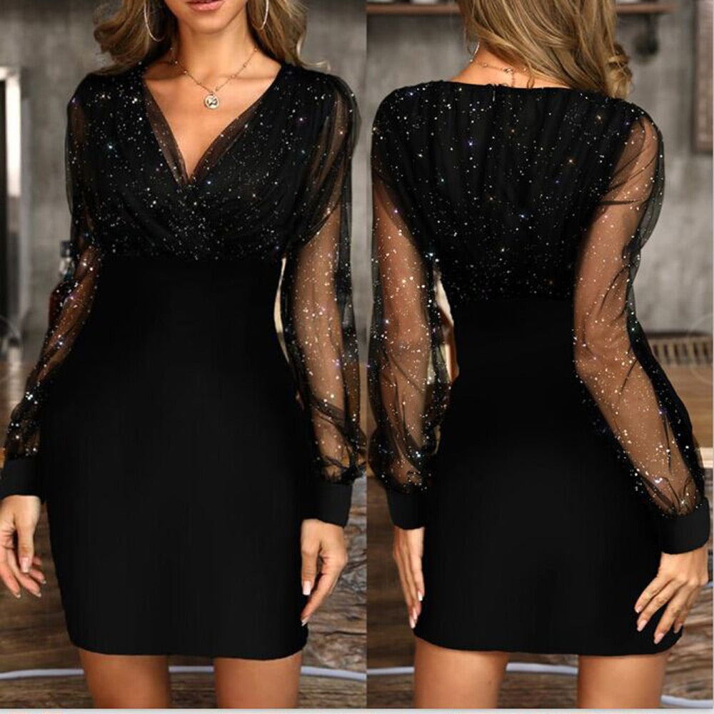 Autumn Dress Fashion Black Elegant Ladies Mesh Sequin Glitter Dresses For Women Party Night Club Clothes New Arrival  Fall - SunLify