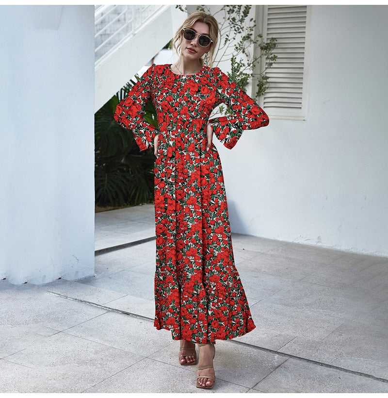 Long Dress Autumn Winter Dots Flroal Print Ruffle Black Clothes Elegant Ladies Flower Long Sleeve Maxi Dresses For Women - SunLify