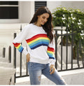 Sweater Women Autumn Winter Long Sleeve Rainbow Striped Top White Knitted Pullover Sweaters  Fashion Womans Clothes Knitwear - SunLify