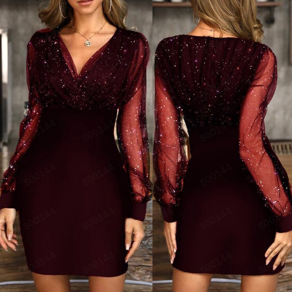 Autumn Dress Fashion Black Elegant Ladies Mesh Sequin Glitter Dresses For Women Party Night Club Clothes New Arrival  Fall - SunLify