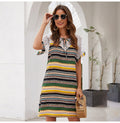 Chiffon Dress Women Vintage Summer Striped Stitching Mini Sundresses Red Casual Fitted Clothing  Retro Clothes Women Yellow - SunLify