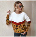 Sweater Women Leopard Patchwork Autumn Winter Ladies Long Sleeve Jumper Pullover Sweaters Top Brown Fashion Womens Clothing - SunLify